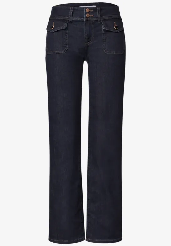 Jean bleu foncé taille haute, coupe droite, 2 boutons à la ceinture