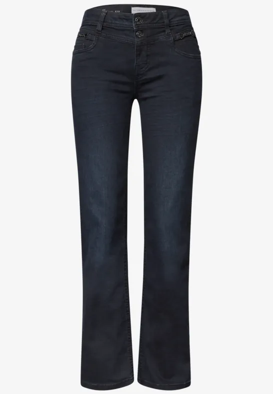 Donkerblauwe bootcut-jeans met mid-rise, vijf zakken en licht uitlopende pijpen.
