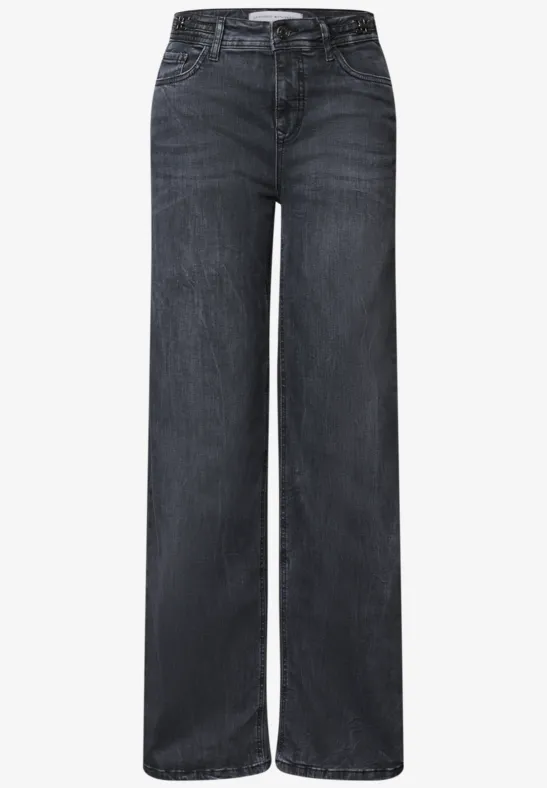 Dunkelgraue Jeans mit weitem geradem Bein und mittelhohem Bund.