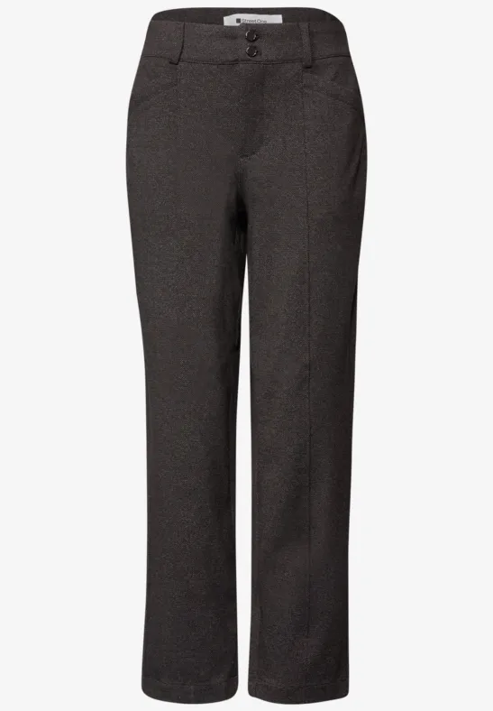 Donkergrijze, recht gesneden broek met tailleband en zakken.