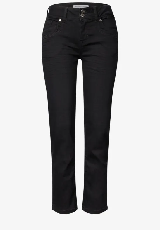 Jean noir taille haute pour femme, coupe droite et poches classiques