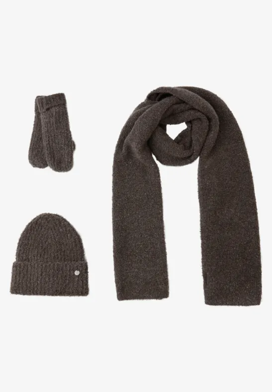 Dunkles Winterset mit Schal, Mütze und Fäustlingen aus Wolle.
