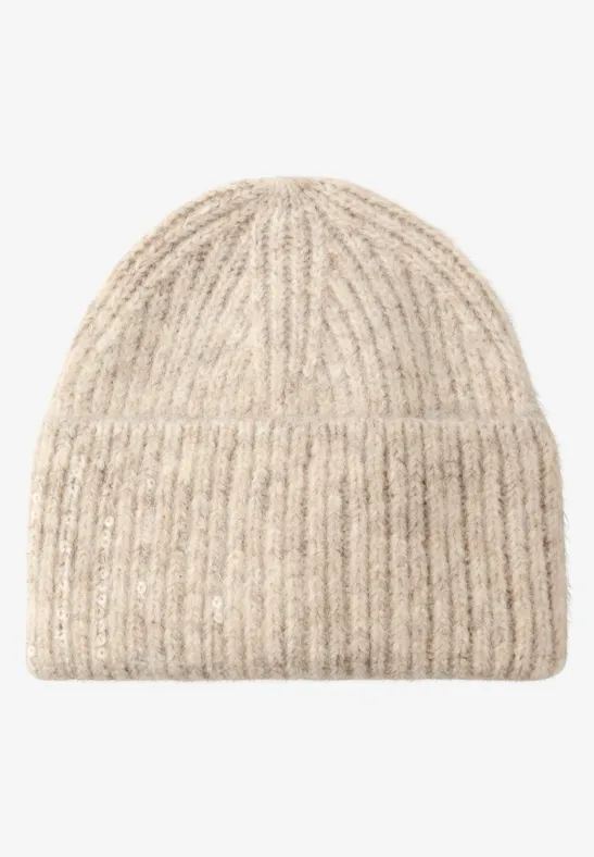 Beanie met pailletten pastel sand