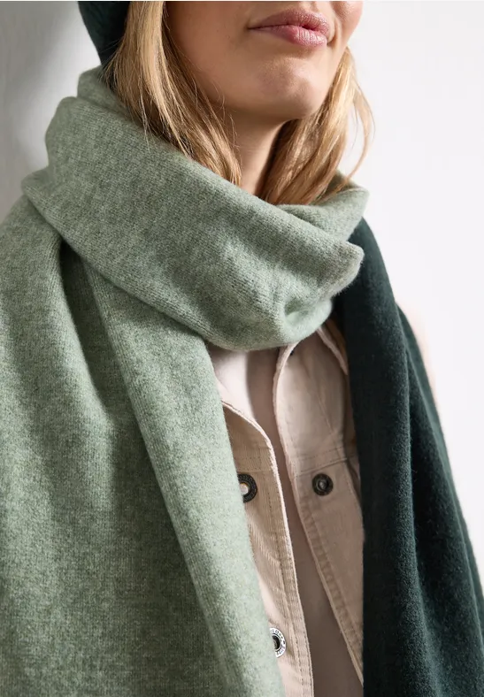 Vrouw met lichtgroen-donkere sjaal om de hals, draagt beige jas, witte achtergrond.