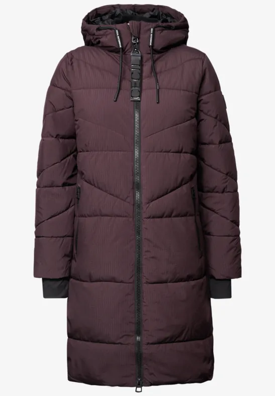 Doudoune violette foncée matelassée, mi-longue, capuche, fermeture zippée, poches latérales.