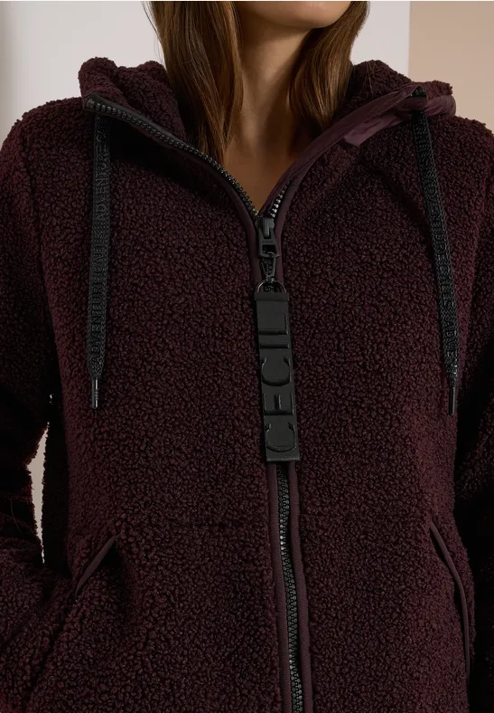 Bordeauxroter Teddy-Fleece-Hoodie mit großem schwarzem Reißverschluss und Kordeln