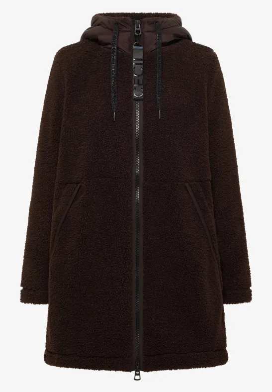 Brauner Teddy-Fleece-Mantel mit Kapuze, Reißverschluss und Taschen.