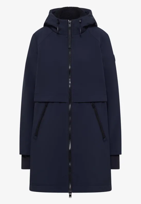 Dunkelblauer, knielanger Parka mit Kapuze, durchgehendem Reißverschluss und seitlichen Taschen.