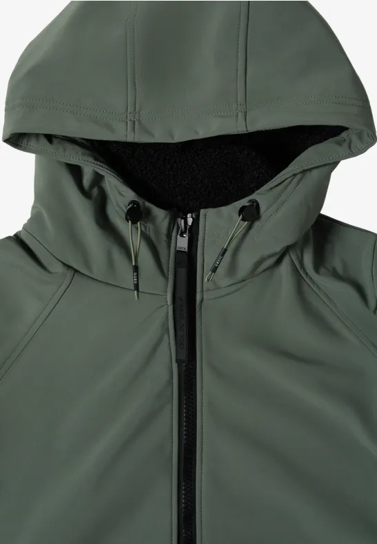 Grüne ärmellose Softshell-Weste mit Kapuze und Reißverschluss, schwarzem Innenfutter und Kordelzug