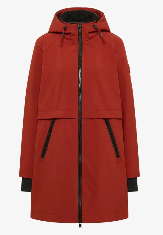 Roter langer Damenparka mit Kapuze, Reißverschluss und seitlichen Taschen
