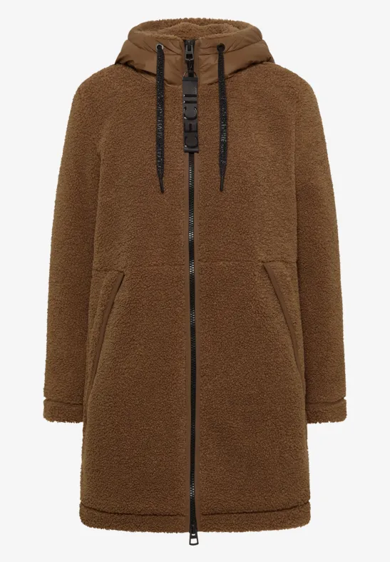 Lange bruin teddyjas met capuchon en ritssluiting