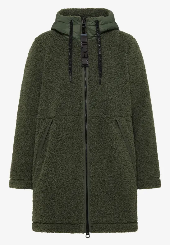 Olijfgroene teddy-fleece jas met capuchon en ritssluiting, halflang