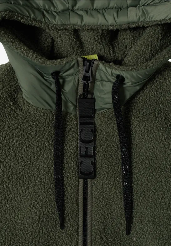Olivgroen fleece jack met capuchon, ritssluiting en zwarte trekkoorden