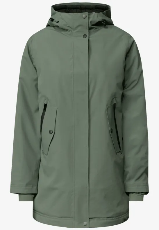 Grüne, knielanger Damenparka mit Kapuze und seitlichen Eingrifftaschen.