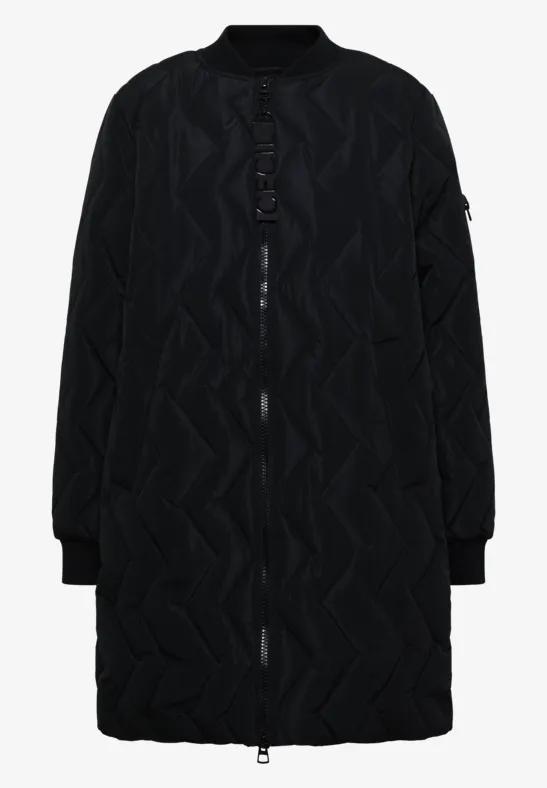 Manteau long noir matelassé à fermeture éclair intégrale et bord-côtes aux manches et à l'ourlet.