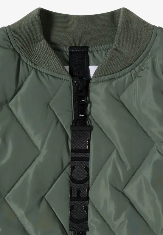 Veste matelassée vert olive à losanges avec sangle noire et boucle à l'avant