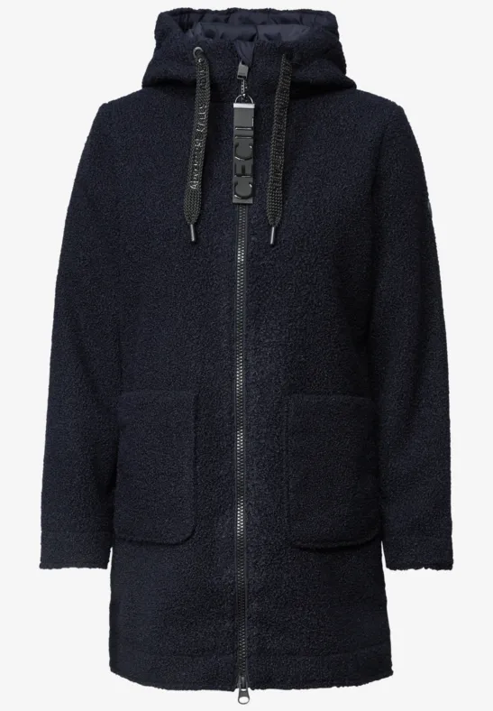 Manteau long en teddy bleu foncé avec capuche, fermeture zippée intégrale et poches