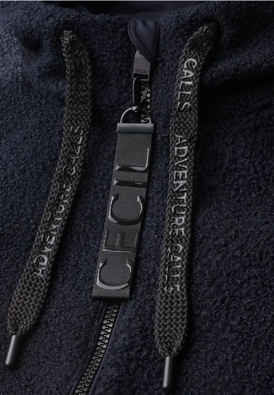 Veste polaire noire à capuche avec fermeture éclair, cordons noirs et tirette caoutchouc « ICE ».