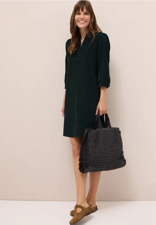 Corduroy jurk in effen kleur ink green