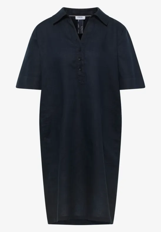 Dunkelblaues, knielanges Hemdkleid mit kurzen Ärmeln und Knopfleiste
