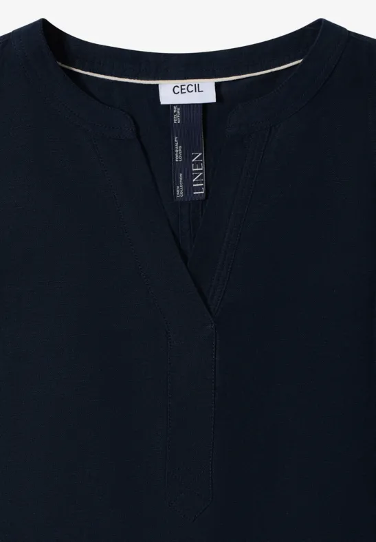 Navyblaues, ärmelloses Leinen-Oberteil mit V-Ausschnitt und feiner Marken-Etikette von CECIL.