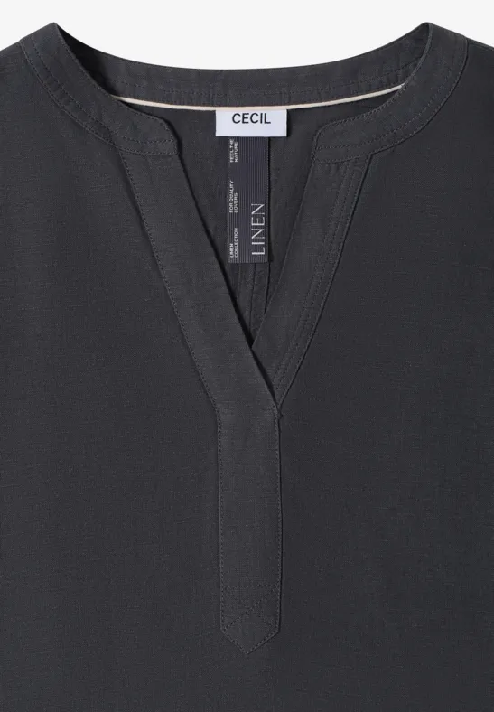 Schwarzes Leinen-Tunika-Oberteil mit V-Ausschnitt und hohem Kragenansatz.