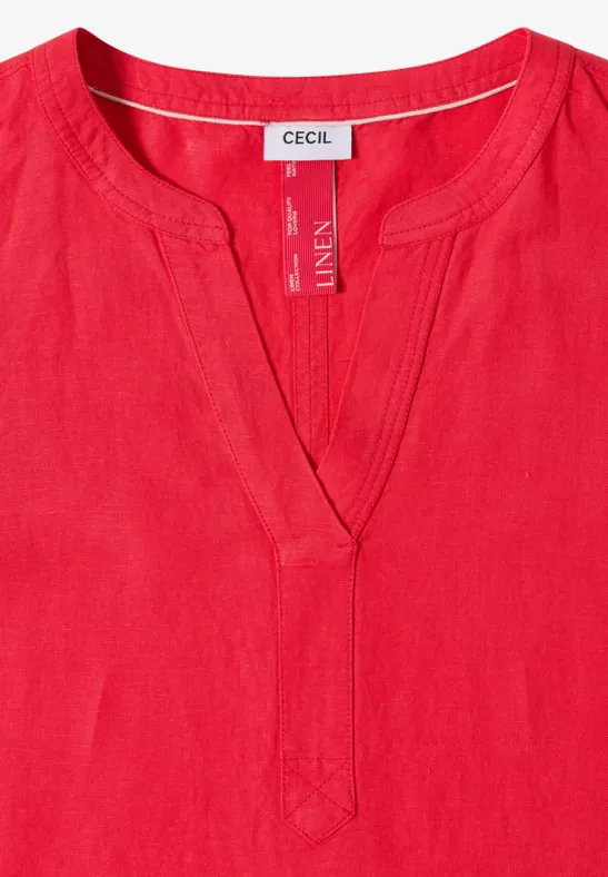 Rotes Leinen-Tunika-Shirt mit V-Ausschnitt und CECIL-Label am Kragen.