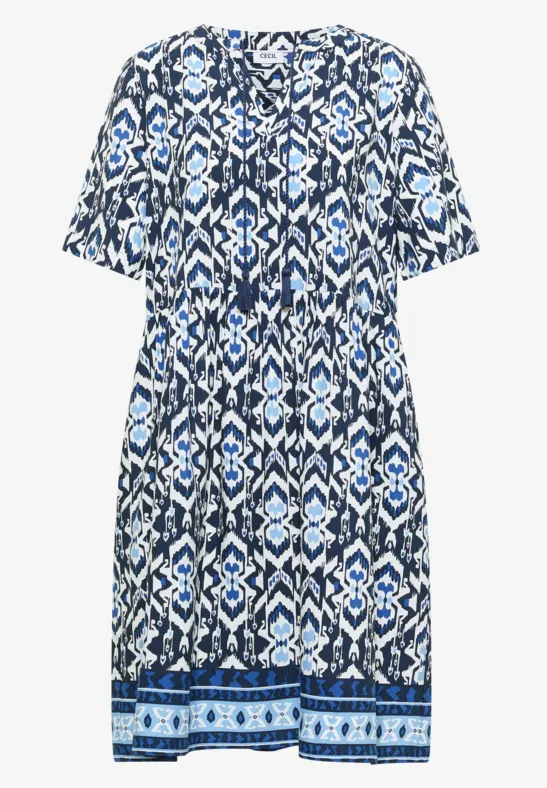 Kurzes, blau-weiß gemustertes Etuikleid mit kurzen Ärmeln und geraffter Taille.