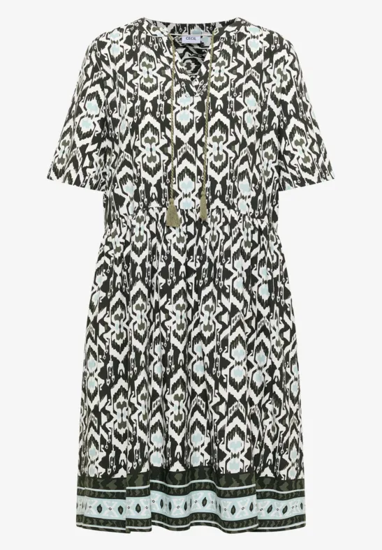 Schwarzes-weiß gemustertes Kurzarm-Kleid mit Taillendetail und geometrischem Print.