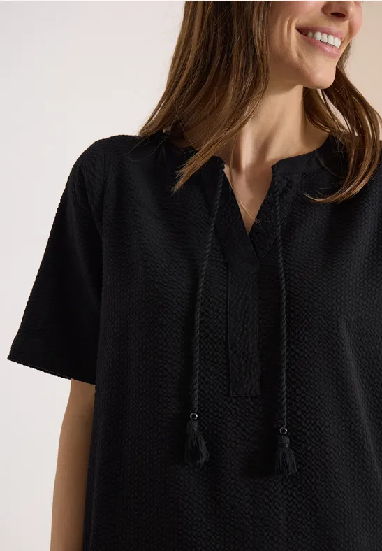 Knielange jurk in seersucker kwaliteit Black