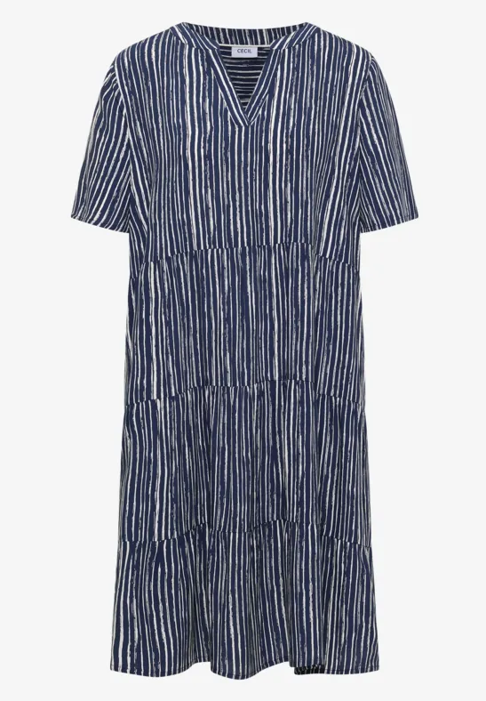 Lockeres, knielanges, blauweiß gestreiftes Kleid mit kurzen Ärmeln und V-Ausschnitt.