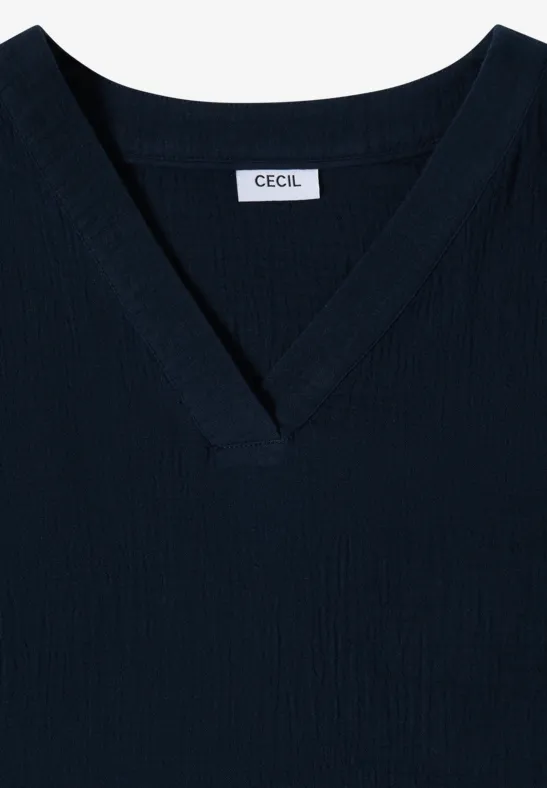 Dunkelblauer, ärmelloser Strickpullover mit V-Ausschnitt und Label „CECIL“