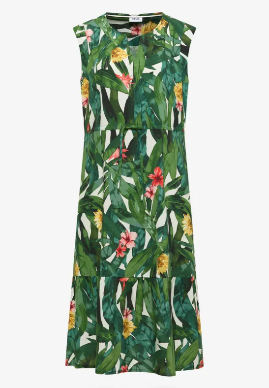 Ärmelloses Midi-Kleid mit tropischem Blatt- und Blumenprint in Grün, locker fallend mit Stufenrock.