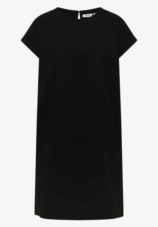 Eenvoudige zwarte T-shirtjurk, knielang, korte mouwen.