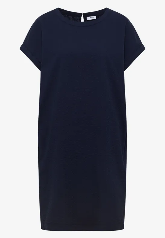 Schlichtes, navyblaues T-Shirt-Kleid mit kurzen Ärmeln und rundem Ausschnitt.