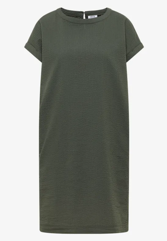 Lockeres, olivgrünes T-Shirt-Kleid mit kurzen Ärmeln und rundem Ausschnitt, knielang.