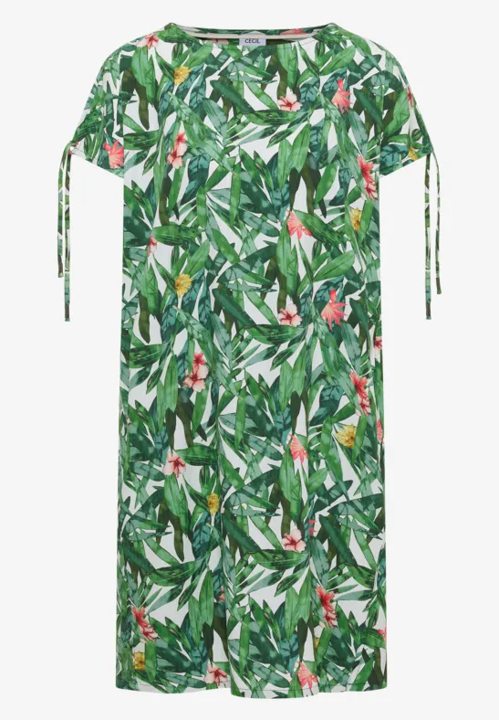 Midikleid mit grünem Blatt- und Blumenmuster, kurzen Ärmeln und seitlichen Bändchen.