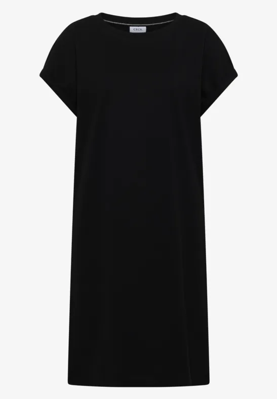 Schlichtes schwarzes T-Shirt-Kleid mit kurzen Ärmeln und lockerem Schnitt.