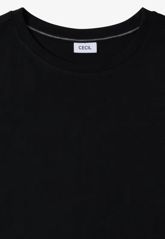 Schwarzes kurzärmeliges T-Shirt mit Rundhalsausschnitt und CECIL-Label im Nacken.