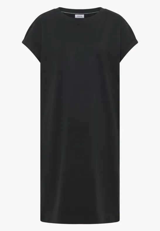 Schlichtes knielanges schwarzes T-Shirt-Kleid mit kurzen Ärmeln.