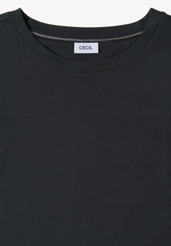 Schwarzes T-Shirt mit rundem Ausschnitt und CECIL-Label am Kragen