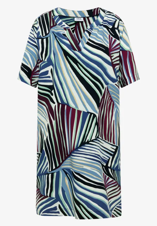 Korte jurk met korte mouwen, V-hals en abstract zebrapatroon in blauw-, paars- en zwarttinten.