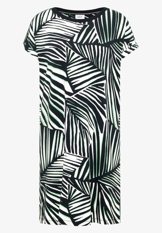 Knielanges, schlicht geschnittenes Kleid mit kurzen Ärmeln und schwarz-weißem Blattmuster.