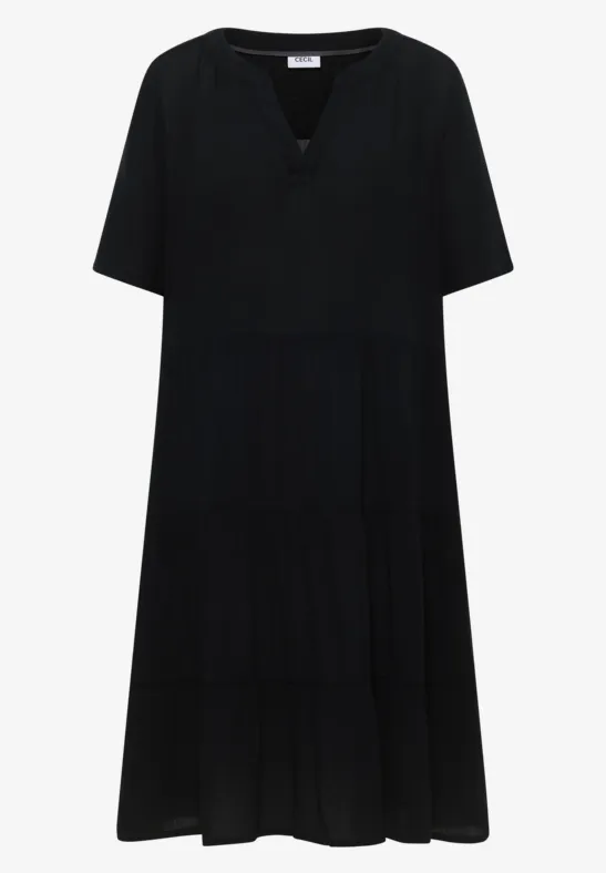 Schwarzes, kurzärmeliges, knielanges Kleid mit V-Ausschnitt und leicht ausgestelltem Schnitt.