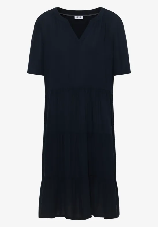 Schwarzes, kurzärmeliges Stufenkleid mit V-Ausschnitt, knielang.