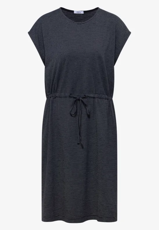 Dunkelgraues, knielanges Kleid mit kurzen Ärmeln und Taillenschnur.