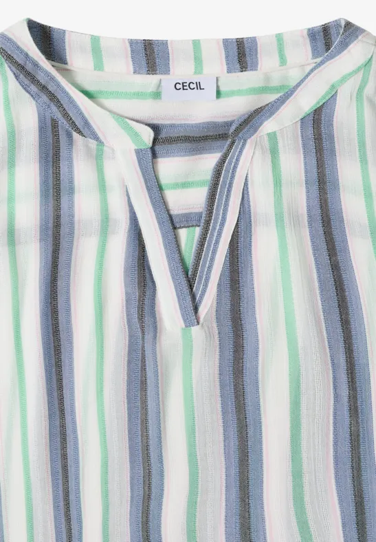 Gefaltete Bluse mit vertikalen Streifen in Blau, Grün und Grau