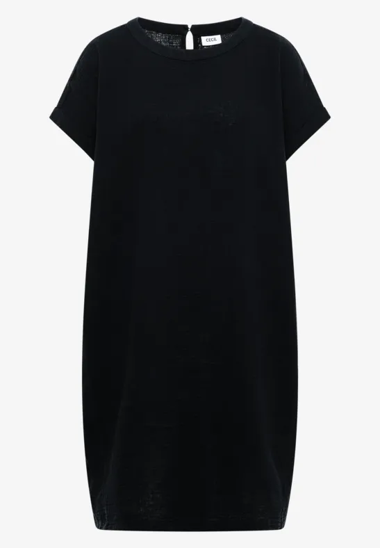Schlichtes, schwarzes T-Shirt-Kleid mit kurzen Ärmeln und geradem, knielangem Schnitt.