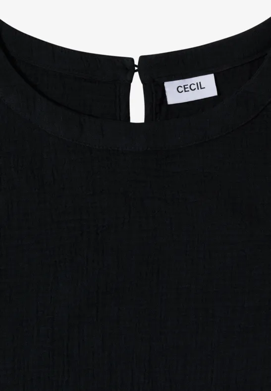 Schwarzes, strukturiertes Oberteil mit rundem Ausschnitt, Knopfverschluss hinten und Markenlabel „CECIL“ am Nacken.