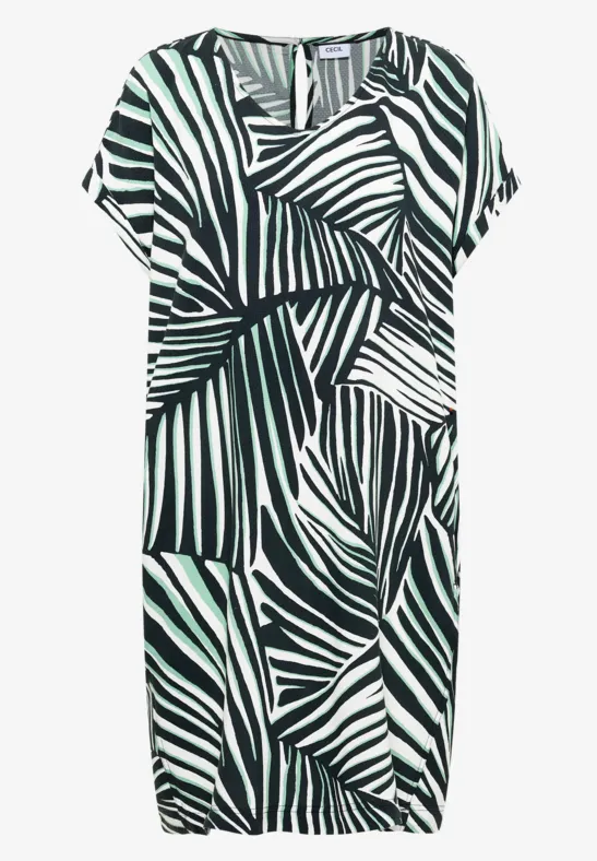 Locker fallendes Kleid mit schwarz-weißem Zebra-Muster und kurzen Flügelärmeln.